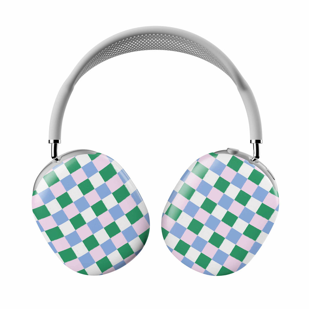 Casetify Checkered headphones with green, blue, and pink pattern on a white background