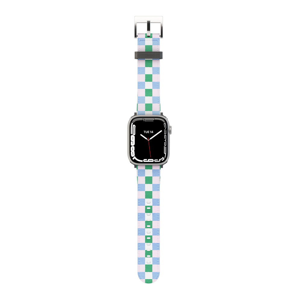 Smartwatch with a Light Purple & Green checkered band on a white background