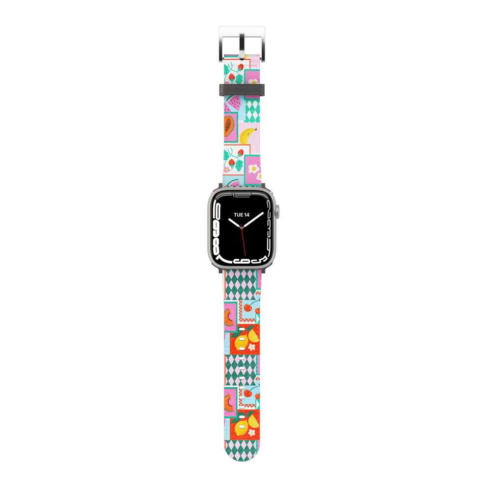 Smartwatch with a beach style patterned band on a white background