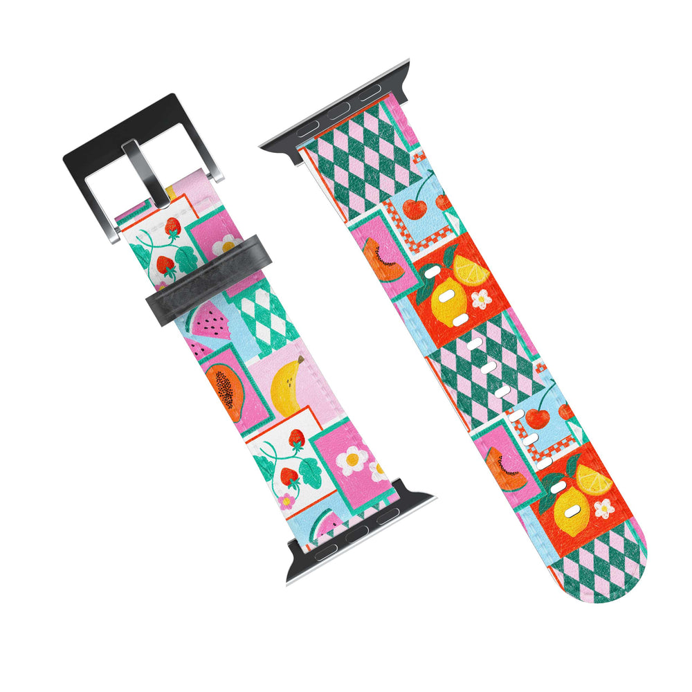 Smartwatch with a beach style patterned band on a white background
