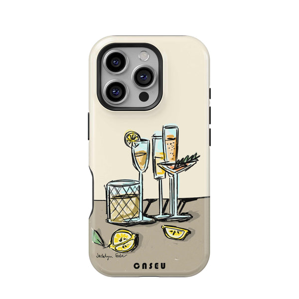 Phone case with cocktail illustration on a beige background