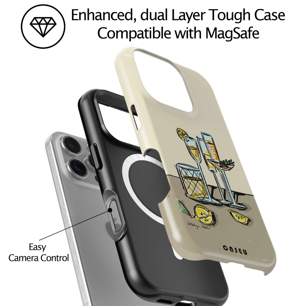 Phone case with cocktail illustration on a beige background