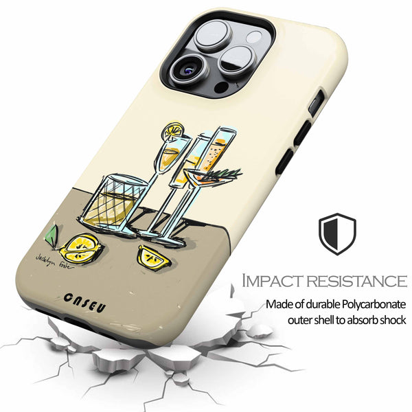 Phone case with cocktail design and impact resistance feature on a white background