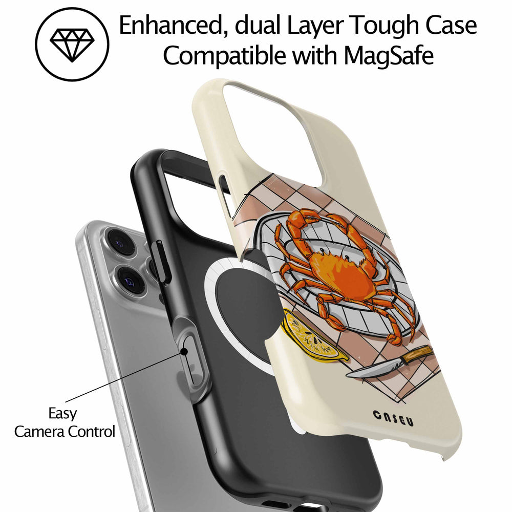 Phone case with a crab design on a beige background