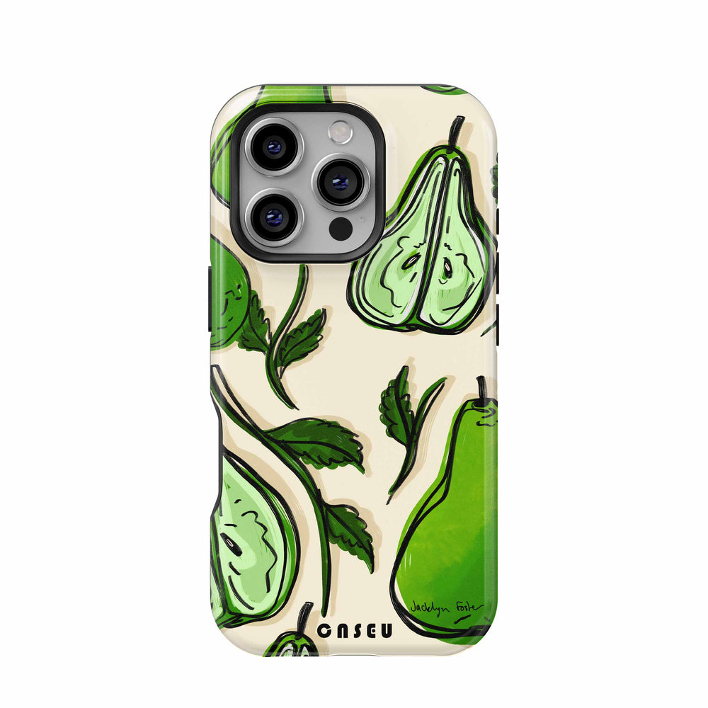 Phone case with green pear design on a beige background