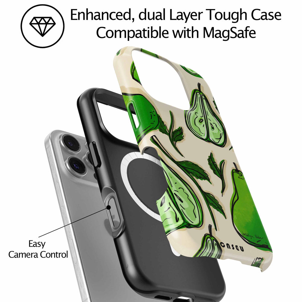 Phone case with green pear design on a beige background