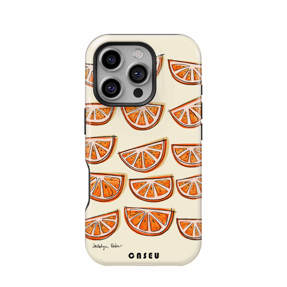 Phone case with orange slice pattern on a beige background