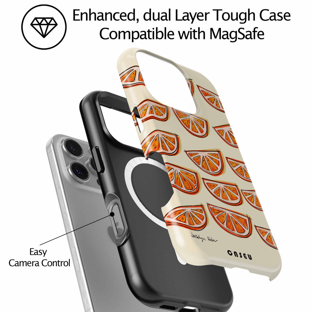 Phone case with orange slice pattern on a beige background
