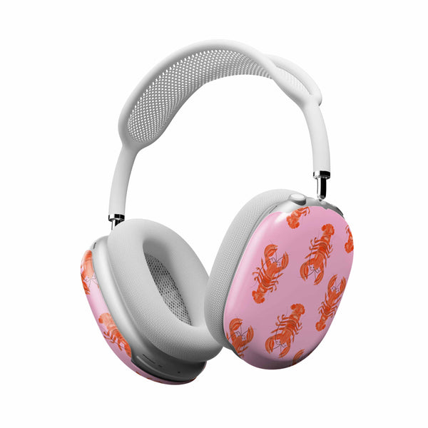 Pink headphones with orange lobster designs on a white background