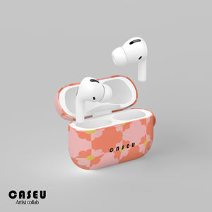 Wireless earbuds in a pink floral case with 'Casetify' on a gray background