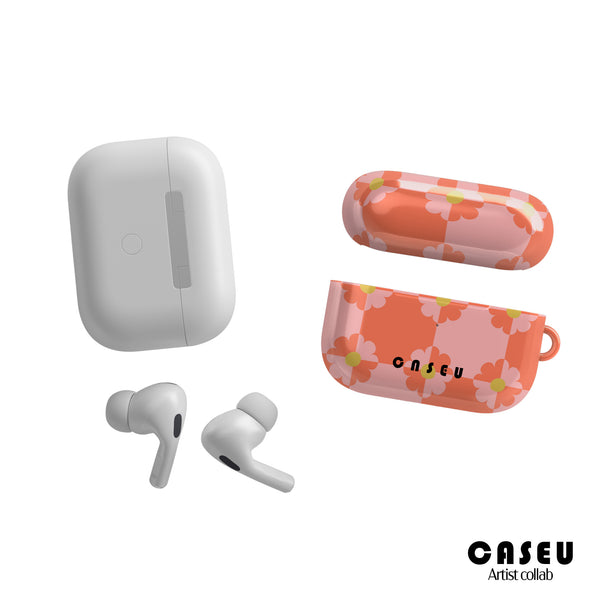 Wireless earbuds with a white charging case and floral-patterned carrying cases on a white background, featuring the Casetify