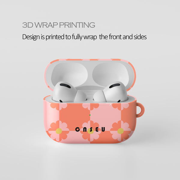 Wireless earbuds in a floral case with 'Casetify' branding on a light gray background.