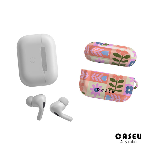 Wireless earbuds with floral-patterned case on a white background, featuring the CASEU brand.