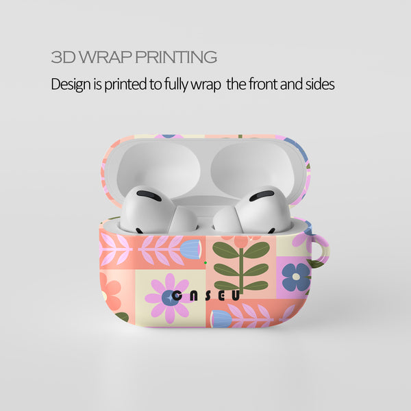Colorful floral-patterned case for wireless earbuds with 'ONSEU' branding on a light gray background.