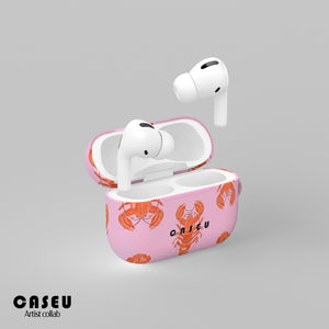 White wireless earbuds in a pink case with lobster design on a gray background, featuring the Casetify brand.