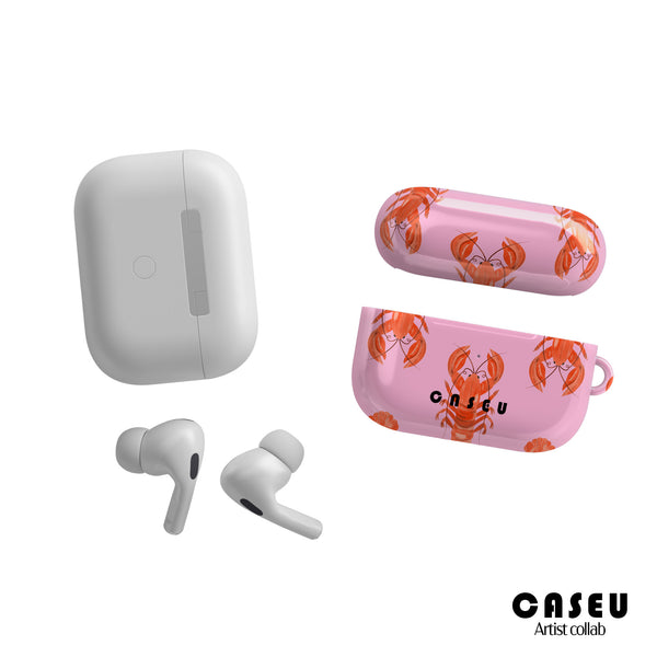 Wireless earbuds with pink case featuring lobster design on a white background, Casetify visible.
