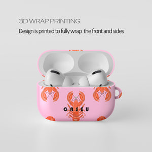Pink case with lobster design containing white earbuds, labeled 'Casetify'.