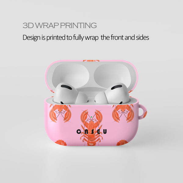 Pink case with lobster design containing white earbuds, labeled 'Casetify'.