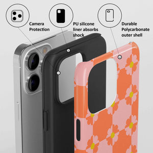 Casetify floral pattern Phone case with features highlighted on a gray background