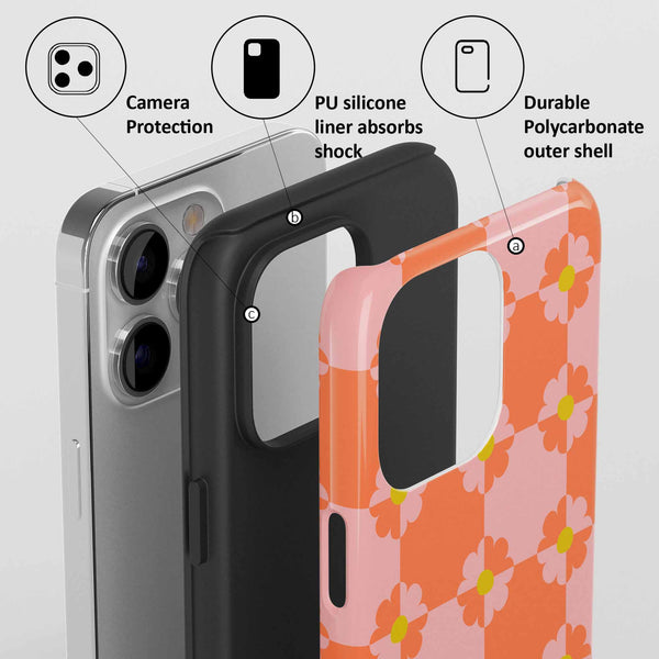 Casetify floral pattern Phone case with features highlighted on a gray background