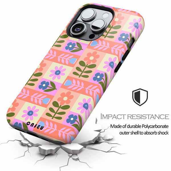 Phone case with floral pattern and impact resistance feature on a white background