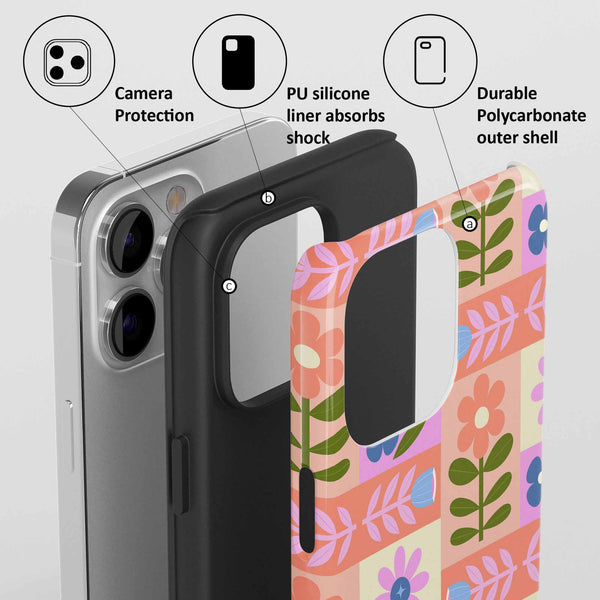 Phone case with floral design and text highlighting features on a gray background