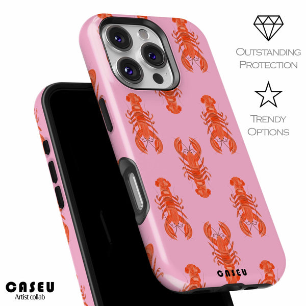 Phone case with lobster pattern on pink background, featuring Casetify 