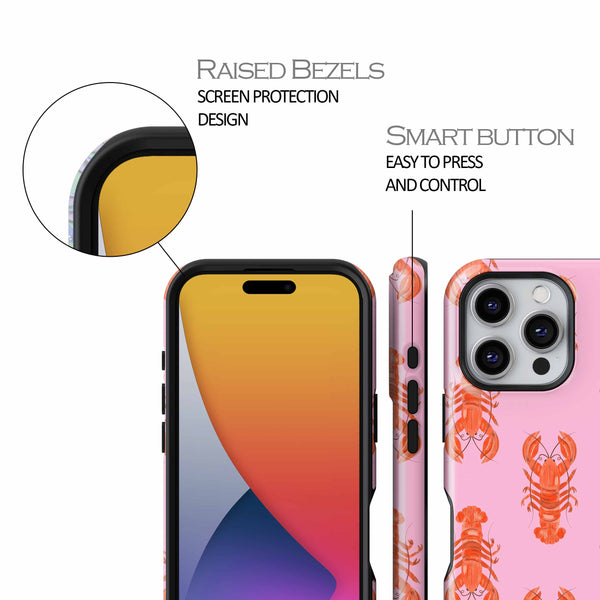 Casetify Phone case with raised bezels and screen protection design, smart button feature, and colorful lobster pattern.