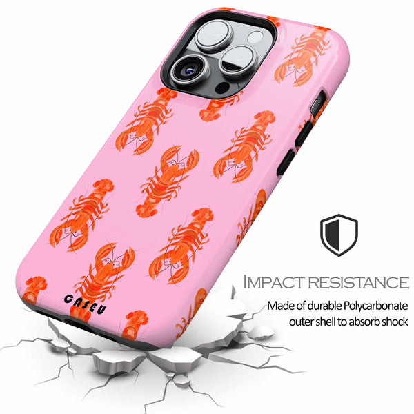 Casetify Phone case with lobster design on pink background, featuring impact resistance text.