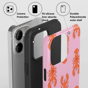 Casetify Phone case with lobster design and features labeled on a gray background