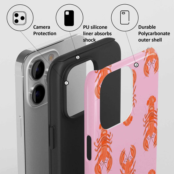 Casetify Phone case with lobster design and features labeled on a gray background