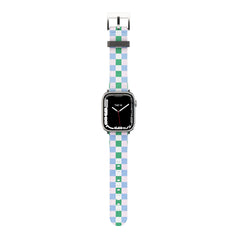 Smartwatch with a Light Purple & Green checkered band on a white background