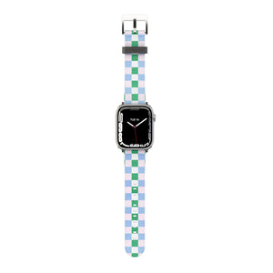 Smartwatch with a Light Purple & Green checkered band on a white background