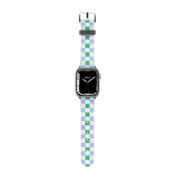 Smartwatch with a Light Purple & Green checkered band on a white background