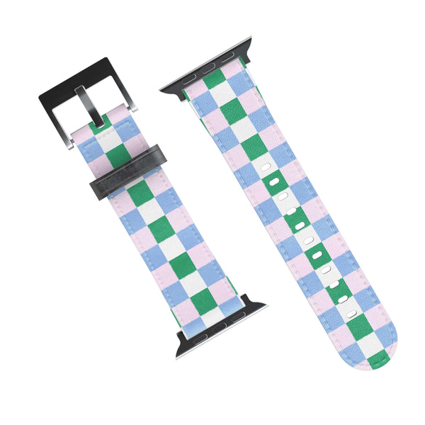 Light pink with Light Purple & Green checkered watch band with pastel colors on a white background