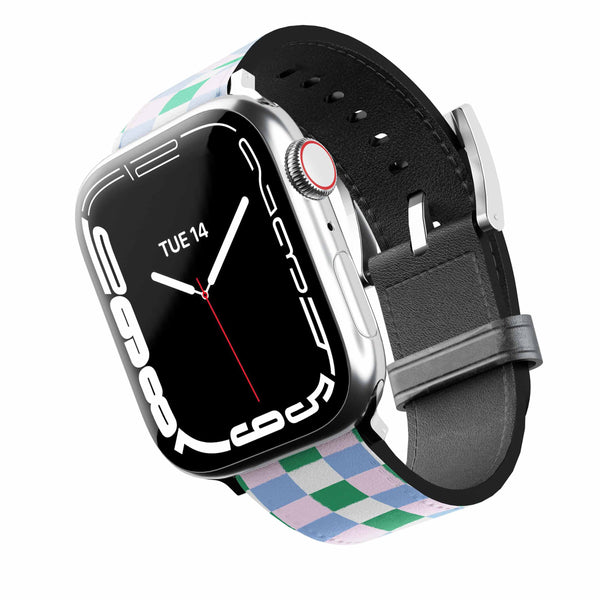 Smartwatch with a light purple & green checkered band on a white background