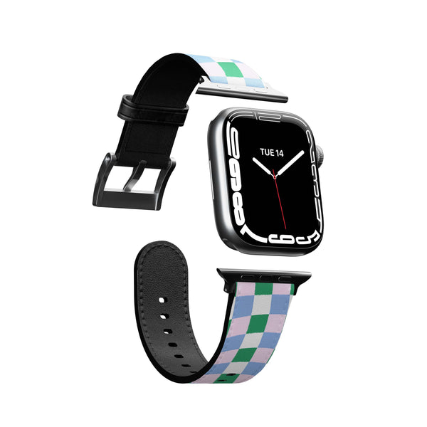 Smartwatch with a light purple & green grid band on a white background