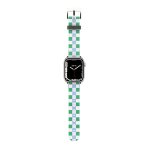 Smartwatch with a green and light blue & pink checkered band on a white background