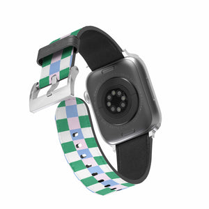 Smartwatch with a green and blue and pink checkered band on a white background