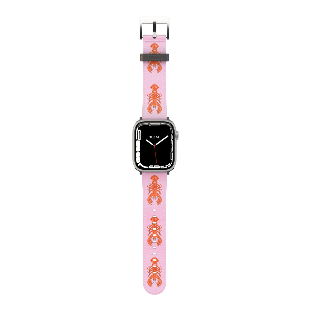 Smartwatch with a pink band featuring lobster designs on a white background