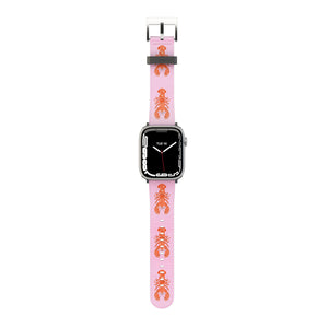 Smartwatch with a pink band featuring lobster designs on a white background