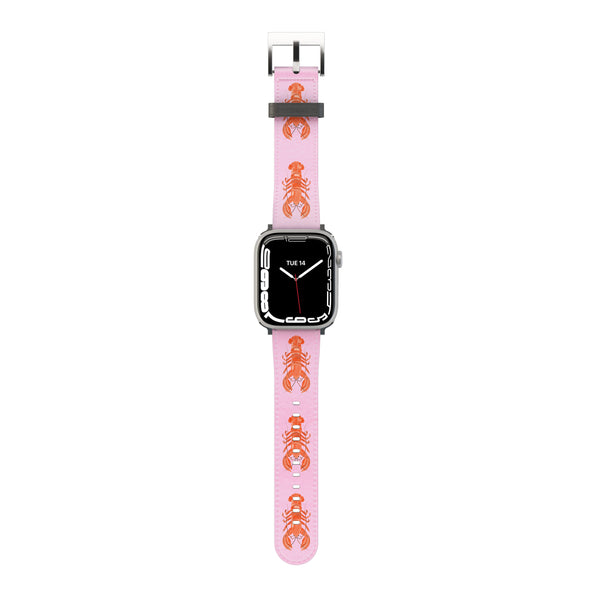 Smartwatch with a pink band featuring lobster designs on a white background