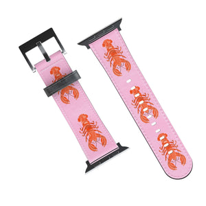 Pink watch strap with orange lobster design on a white background