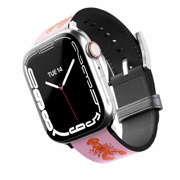 Smartwatch with pink band featuring a lobsters design on a white background