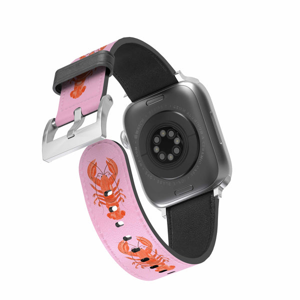 Smartwatch with a pink lobster-patterned band on a white background