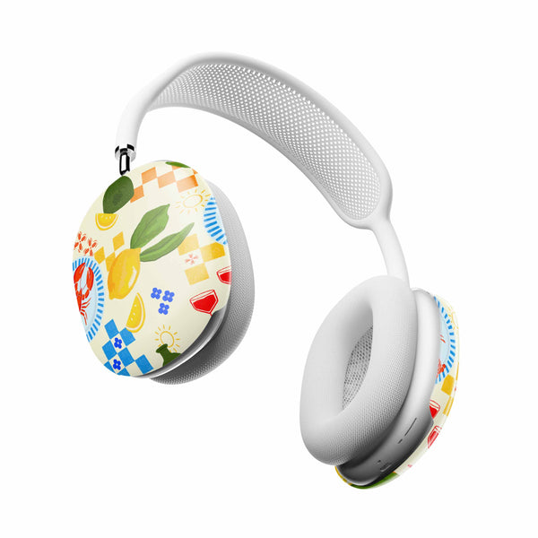 Casetify White headphones with colorful floral design on the headband on a white background