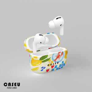 Casetify Wireless earbuds with a colorful case on a gray background, featuring the CASEU brand.