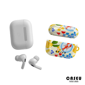 Casetify White wireless earbuds with colorful case on a white background, featuring the CASEU brand.