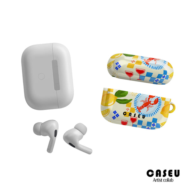 Casetify White wireless earbuds with colorful case on a white background, featuring the CASEU brand.
