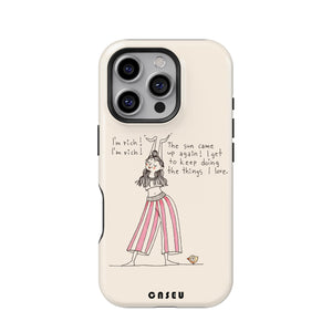 Phone case with a design of a person and text on a white background